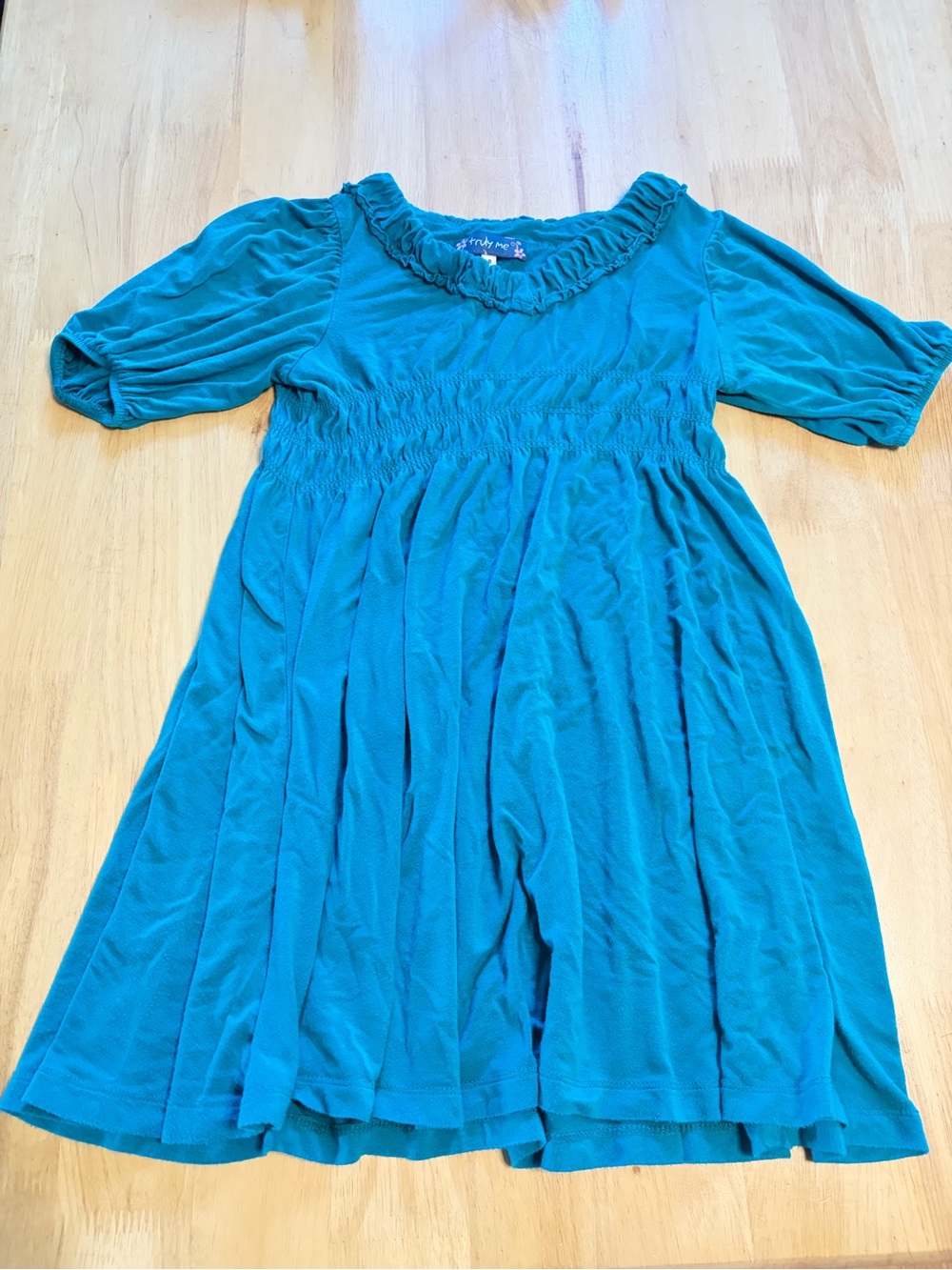 Truly Me Teal Ruffled Neck Smocked Waist Dress